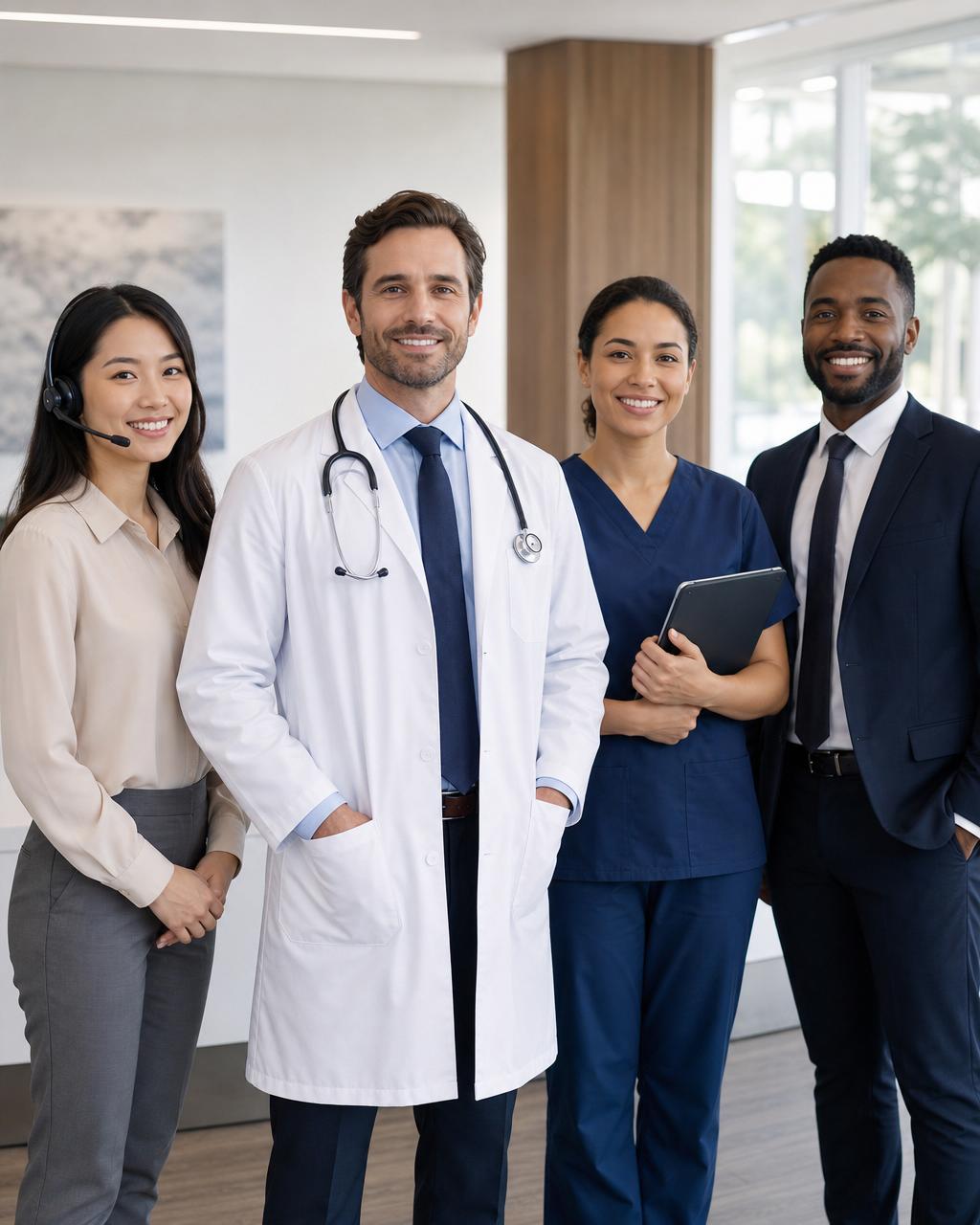 Healthcare team with a doctor, call center agent, medical scribe, and operations leader in a modern clinic